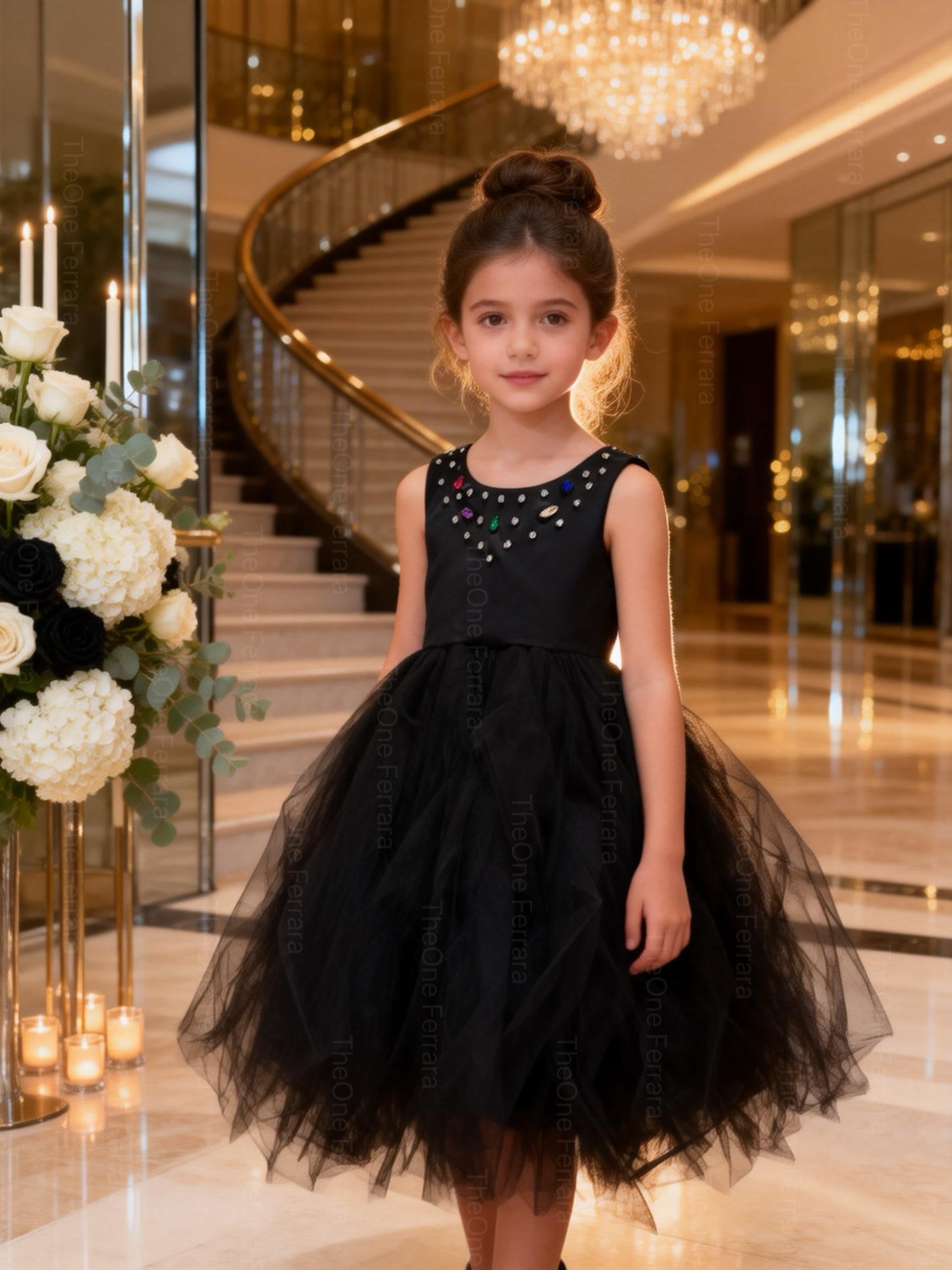 Abito Cerimonia Bambina Elegante in Tulle con Scollo Gioiello – 2-14 Anni – Rosa | Bianco | Bordeaux | Rosa Cipria – 2045