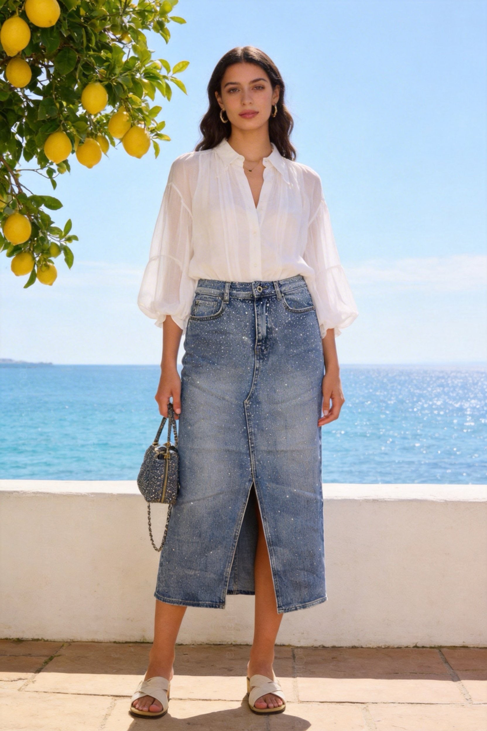 Gonna Jeans Donna Midi – Denim con Strass Vita Alta Elegante 6226