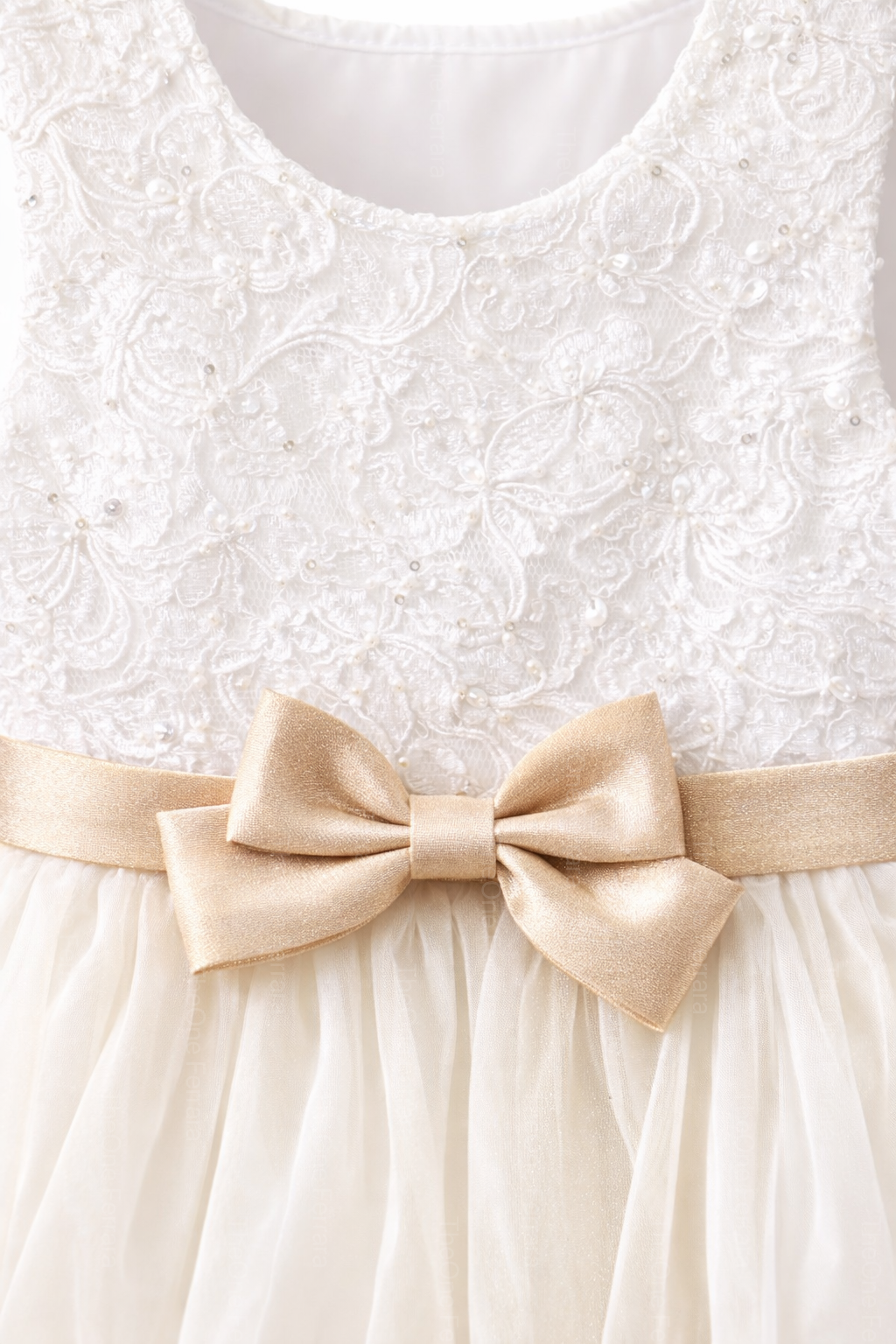 Abito Bambina Elegante Bianco con Fiocco Oro – Vestito Cerimonia 4-14 Anni 3824