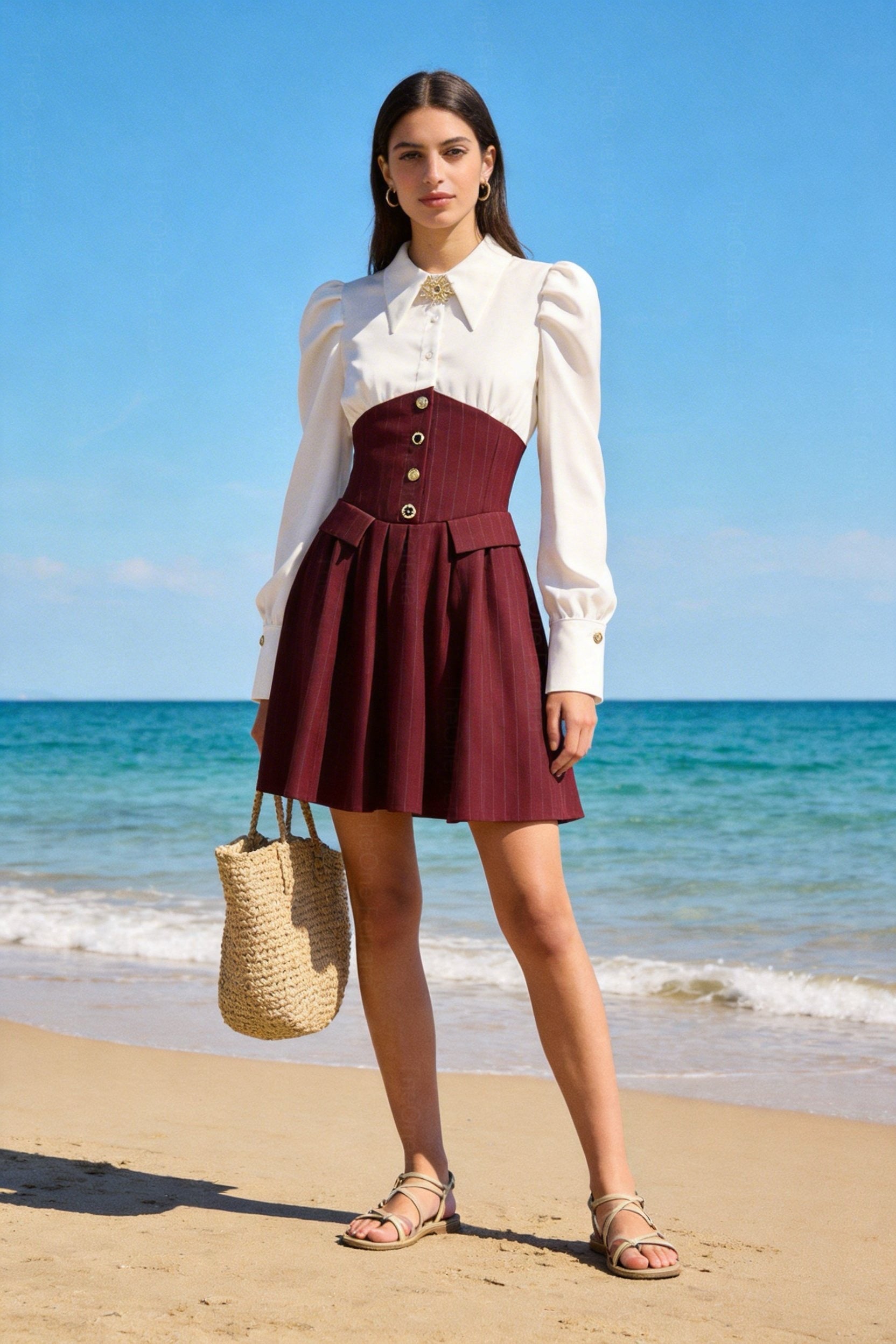 Abito Donna Elegante con Effetto Corsetto e Gonna Plissettata Camicia Strutturata Chic 89859