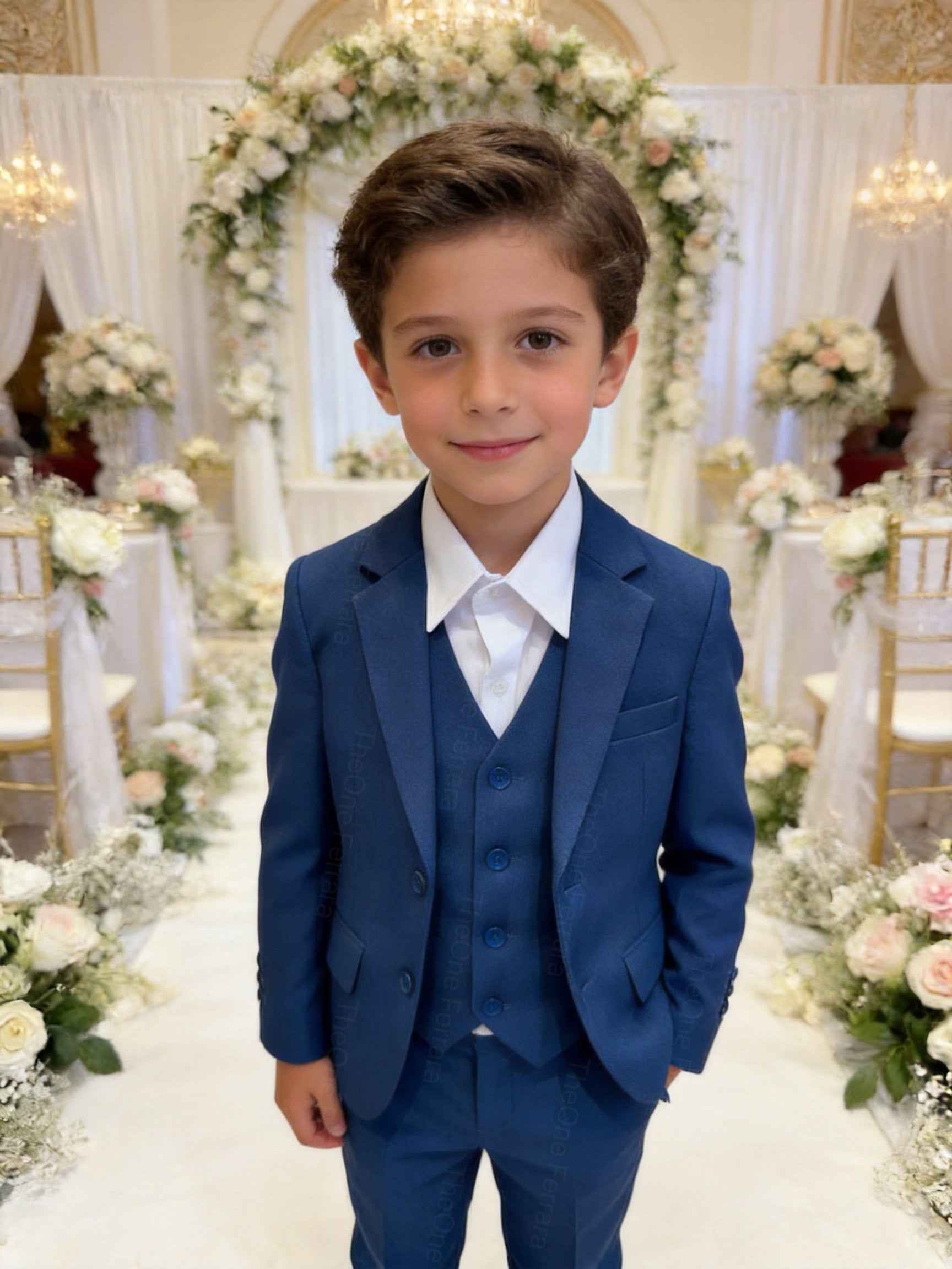 Completo Elegante Bambino Blu Classico 5 Pezzi Abito Cerimonia Matrimonio Comunione 1-16 Anni