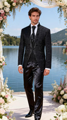 Abito da Sposo Uomo 4 Pezzi Nero 、Bianco Damascato – Giacca Collo Coreano + Gilet + Pantaloni Finitura Lucida (Effetto Raso) + Cravatta | Slim Fit Drop 6