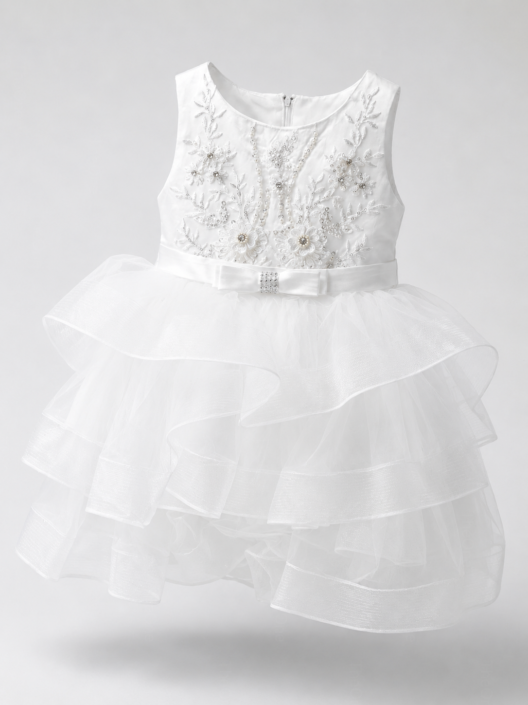 Vestito Cerimonia Bambina Bianco con Ricami e Gonna Volant in Tulle