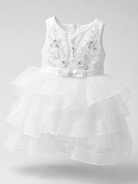 Vestito Cerimonia Bambina Bianco con Ricami e Gonna Volant in Tulle