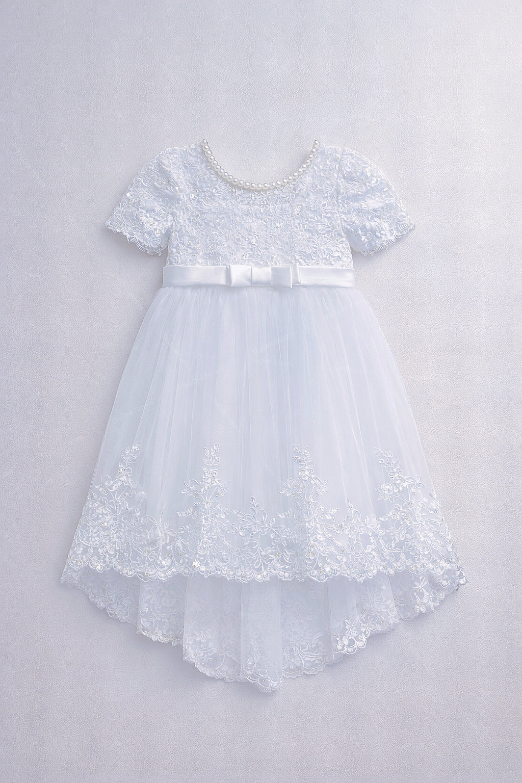 Abito Cerimonia Bambina Bianco in Pizzo e Tulle Comunione, Damigella, Festa 4-14 Anni 3637-TheOne