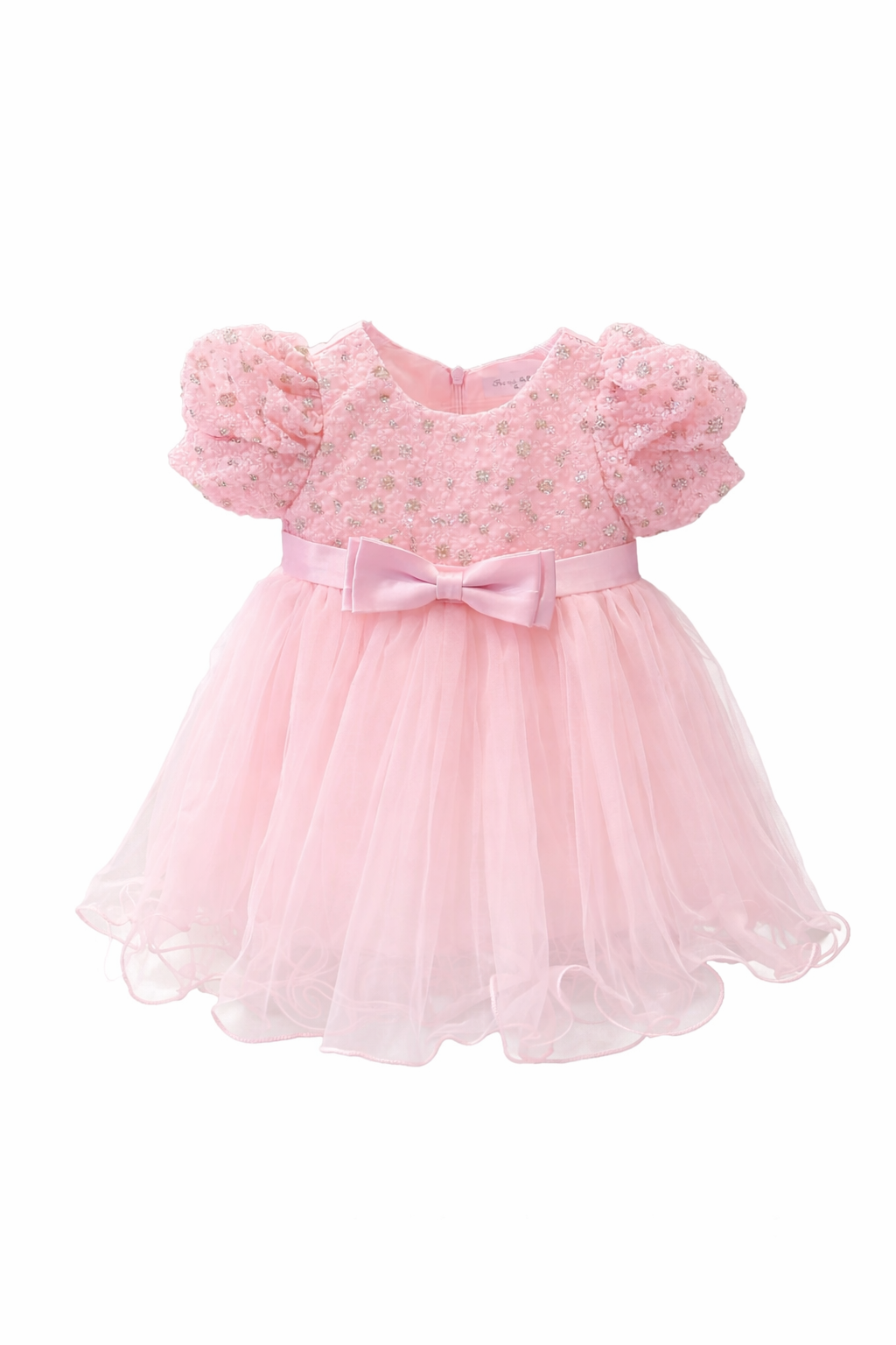 Vestito rosa bambina con maniche a sbuffo 6M–36M Compleanno, Battesimo, Damigella