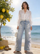 Jeans Donna Wide Leg con Ricamo Floreale e Strass – Denim con Inserti in Pizzo Vita Alta 919