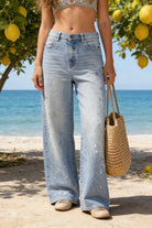 Jeans Donna Wide Leg con Effetto Vernice e Strass – Denim Stretch Stile Street 910
