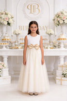 Abito Bambina Elegante Bianco con Fiocco Oro – Vestito Cerimonia 4-14 Anni 3824