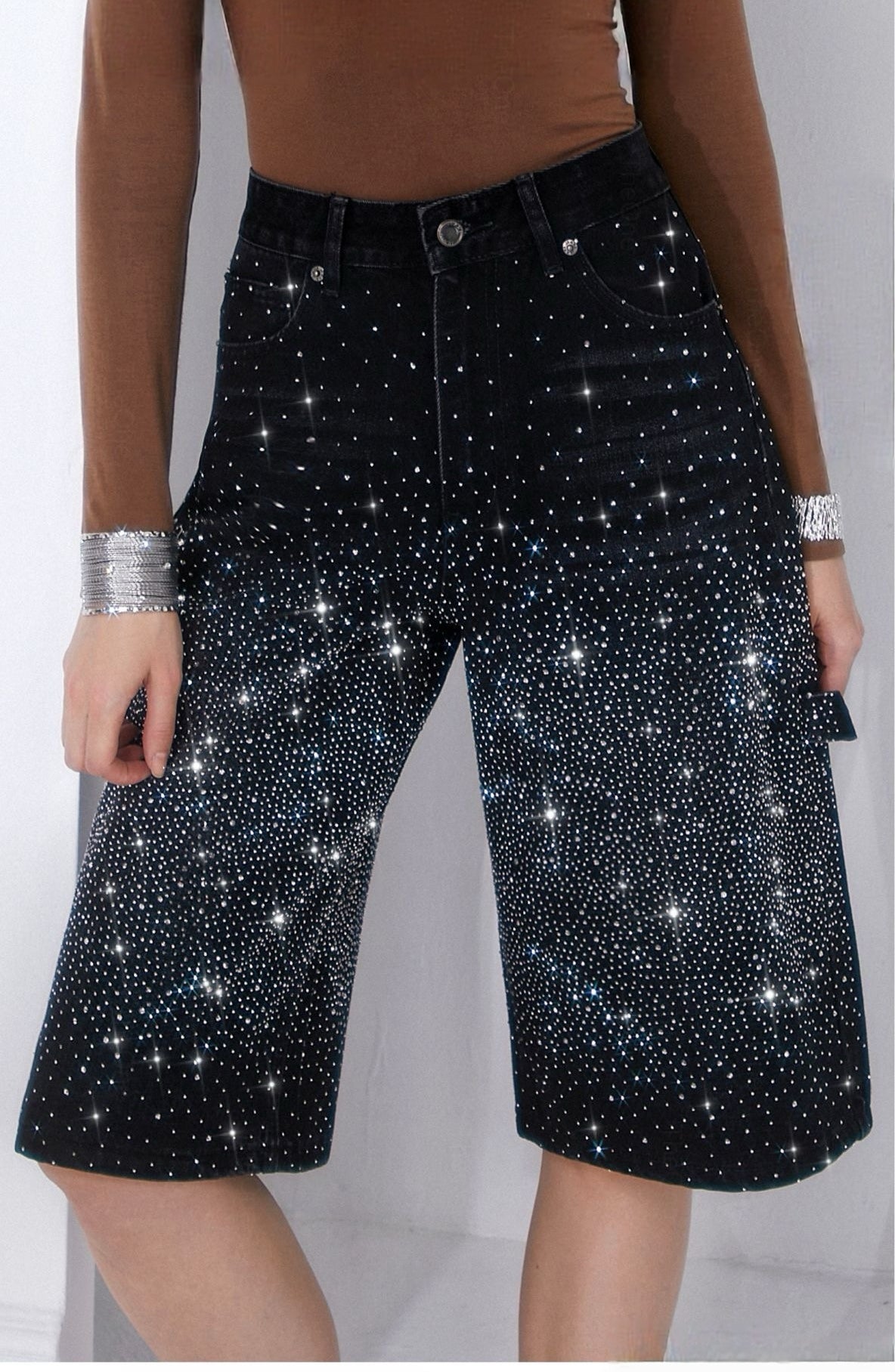 Jeans Donna Bermuda con Strass – Shorts Denim Vita Alta Wide Leg Eleganti Estivi 5115 Nero
