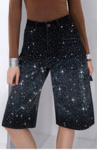 Jeans Donna Bermuda con Strass – Shorts Denim Vita Alta Wide Leg Eleganti Estivi 5115 Nero