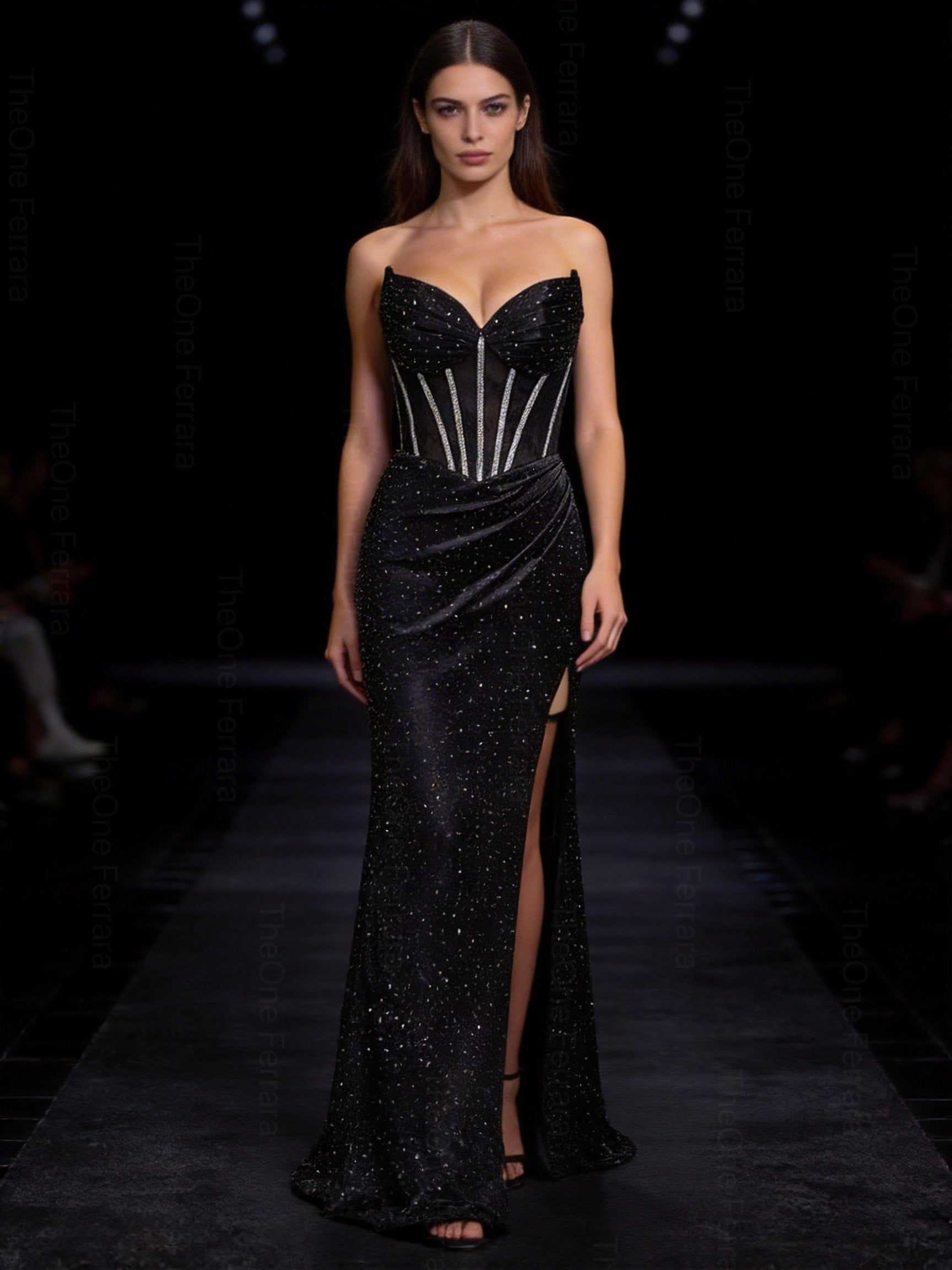 Abito da Sera Nero-viola con Corsetto e Spacco – Vestito Lungo Elegante Glitter 883039