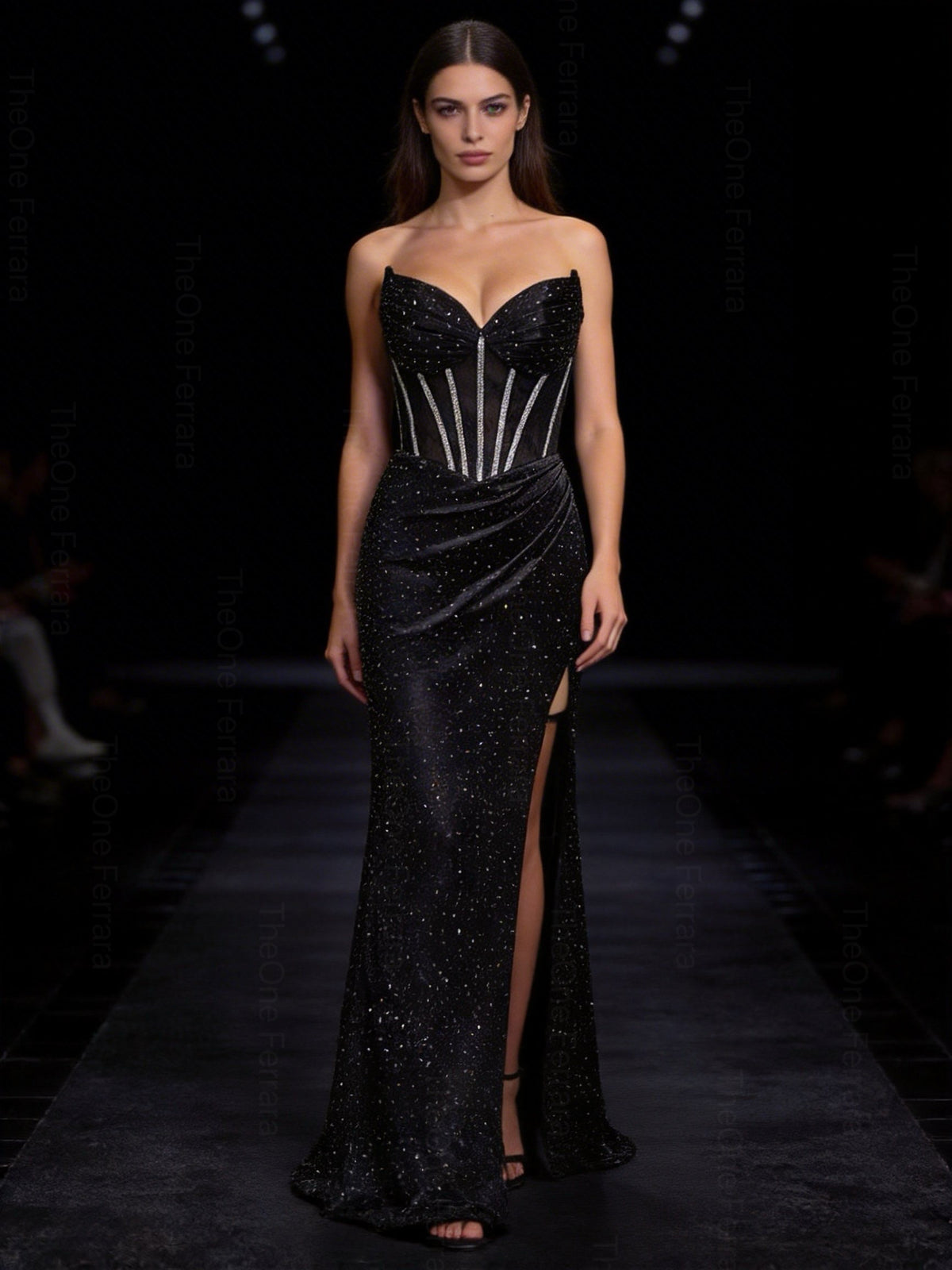 Abito da Sera Nero-viola con Corsetto e Spacco – Vestito Lungo Elegante Glitter 883039