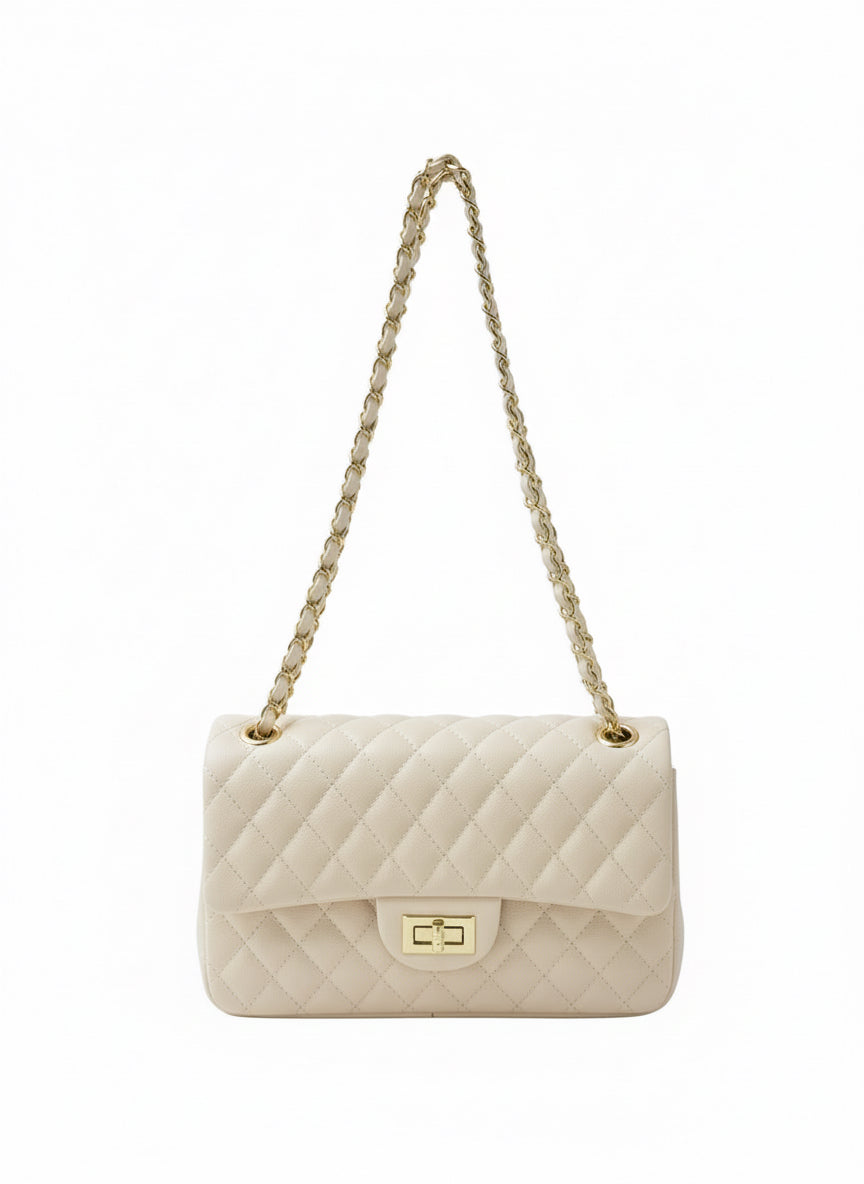 Borsa Donna Trapuntata a Spalla con Catena – Stile Italiano Elegante 9887, 27×8X16 cm Beige