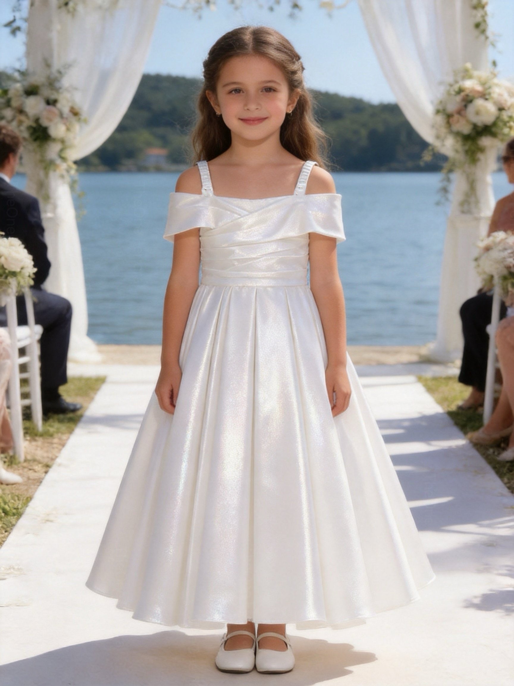 Vestito Ragazza Elegante Off Shoulder Effetto Taffetà Principessa