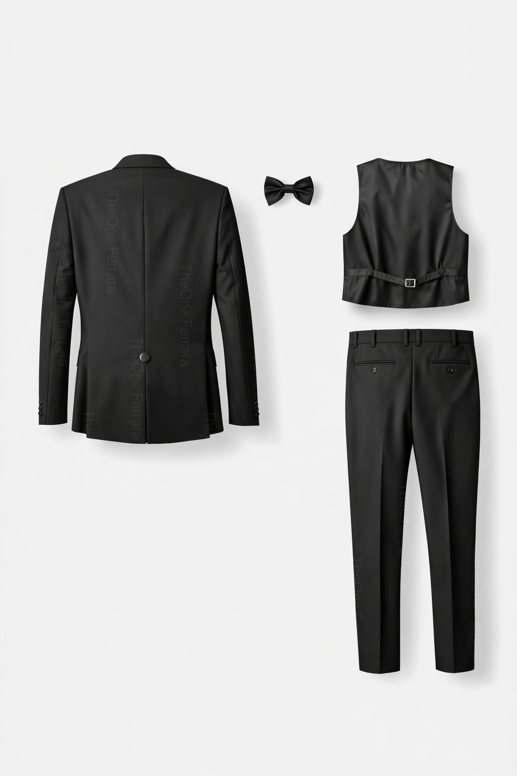 Smoking Uomo Nero 4 Pezzi (Giacca 1 Bottone + Gilet + Pantaloni + Papillon) – Slim Fit 300-1-TheOne Ferrara