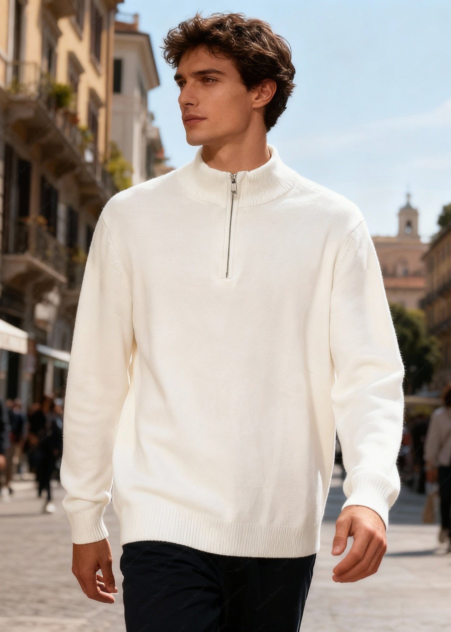Maglione Uomo Mezza Zip - Pullover Viscosa Modal Collo Alto c t-007 Bianco