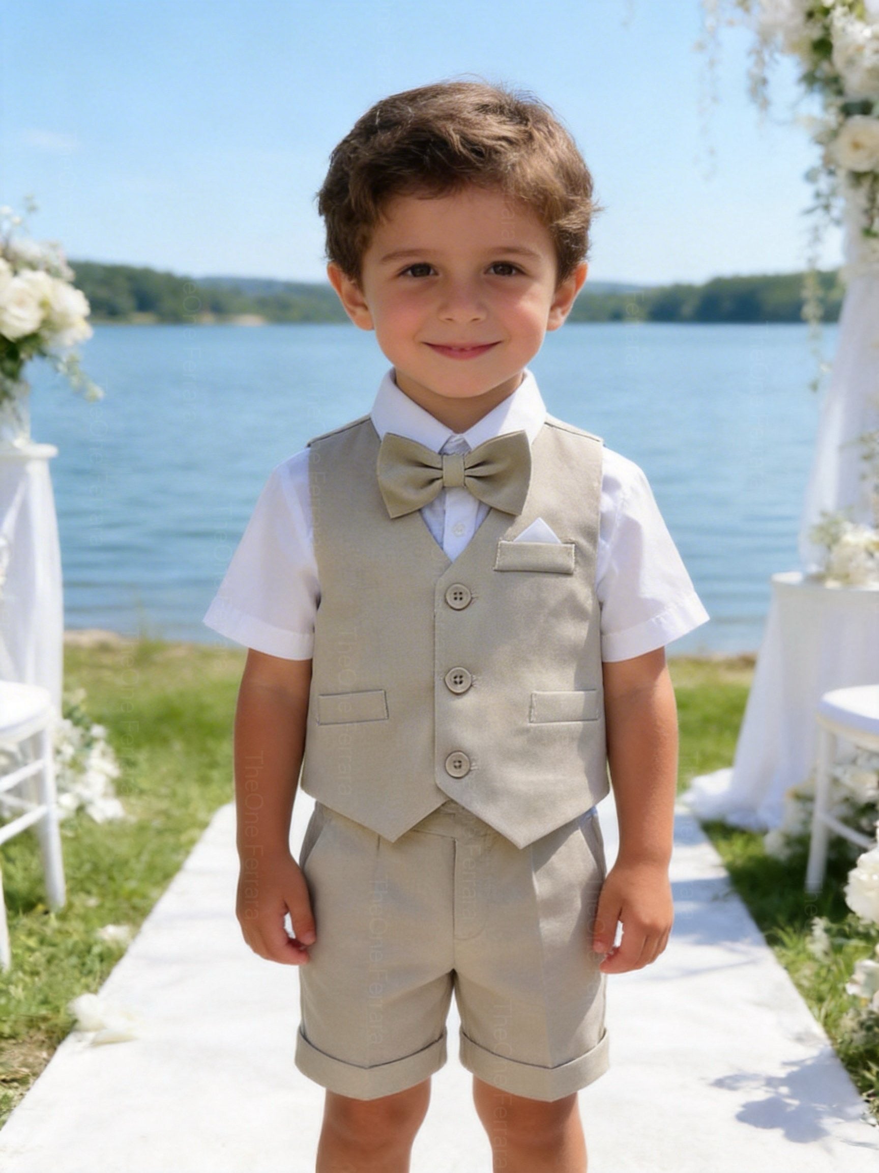 Completo Elegante Bambino Estivo 4 Pezzi con Pantaloncini Abito Cerimonia Matrimonio 1-8 Anni