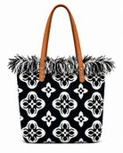 Borsa Shopper Donna in Tessuto Jacquard con Frange – Stile Boho Chic Nero+khaki L × A × P: 40 × 43 × 17 cm