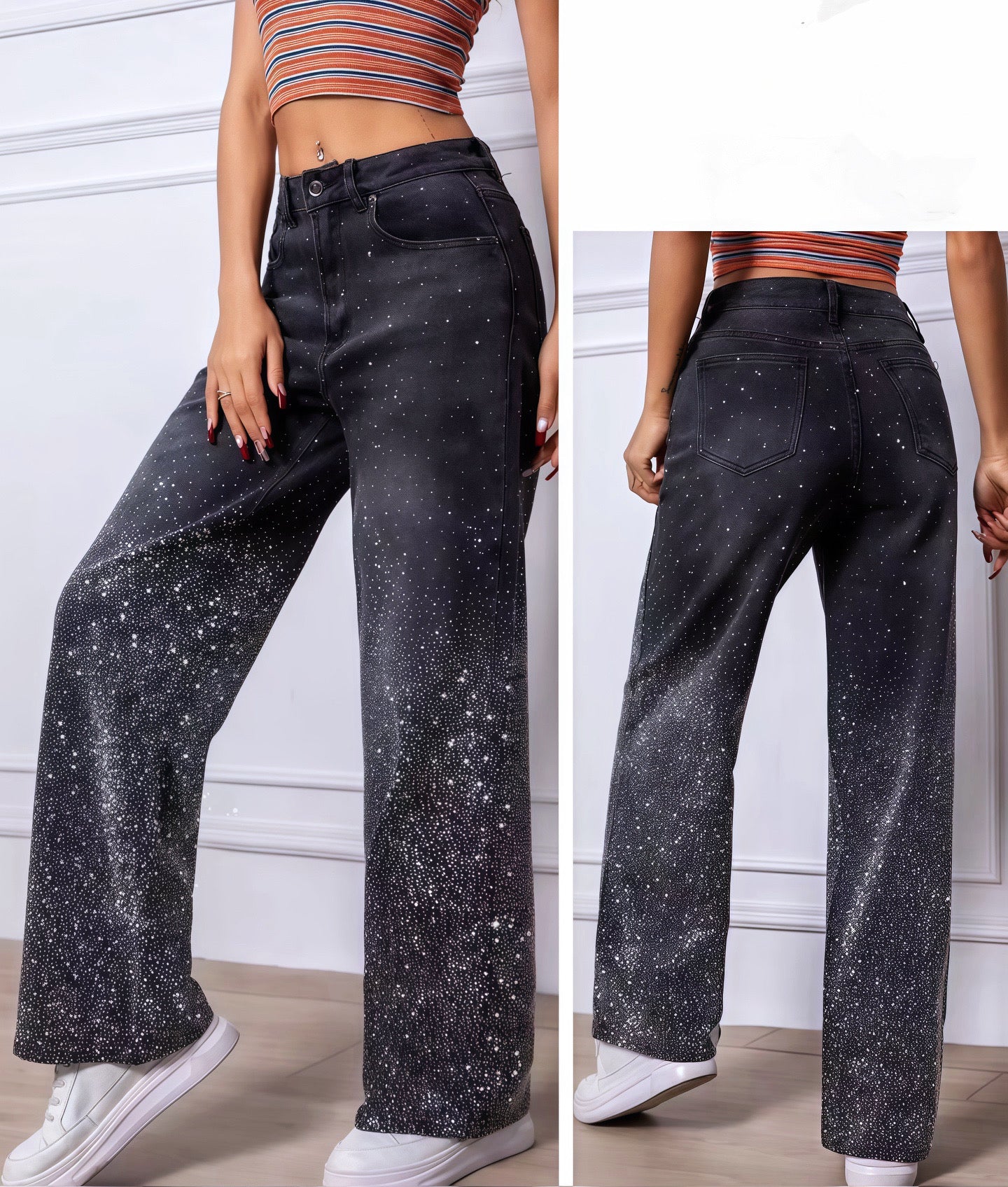 Jeans Donna GT11 – A Vita Alta, Lungo con Effetto Cielo Stellato (Taglie XS–XL)-TheOne XL