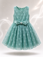 Vestito Bambina Elegante in Organza Jacquard Lurex con Fiocco Verde salvia scuro