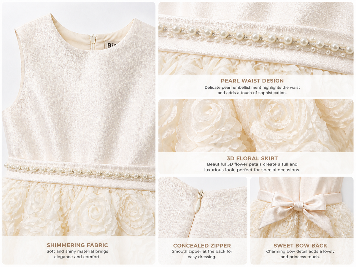 Abito Elegante Bambina 2-12 Anni – Vestito Cerimonia con Gonna 3D Floreale per Matrimonio e Comunione