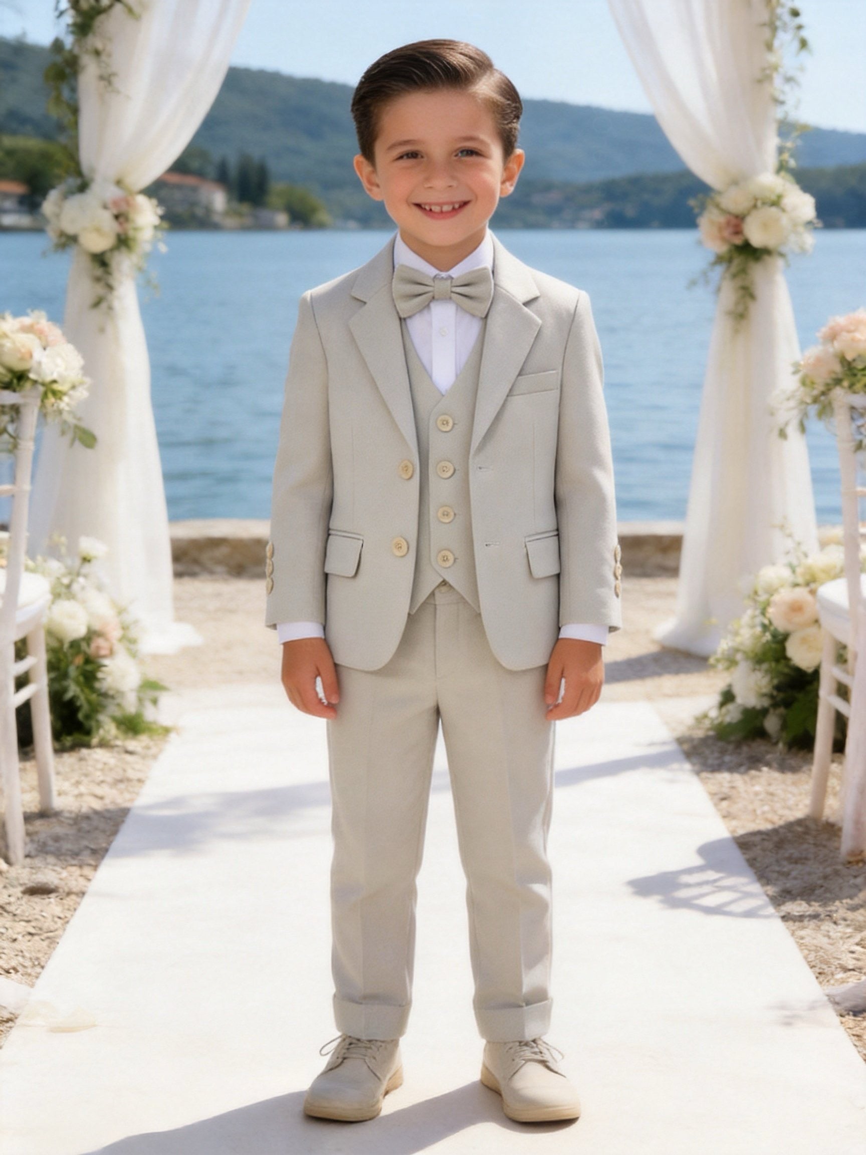 Completo Elegante Bambino Beige 5 Pezzi con Giacca Gilet Pantaloni Camicia e Papillony