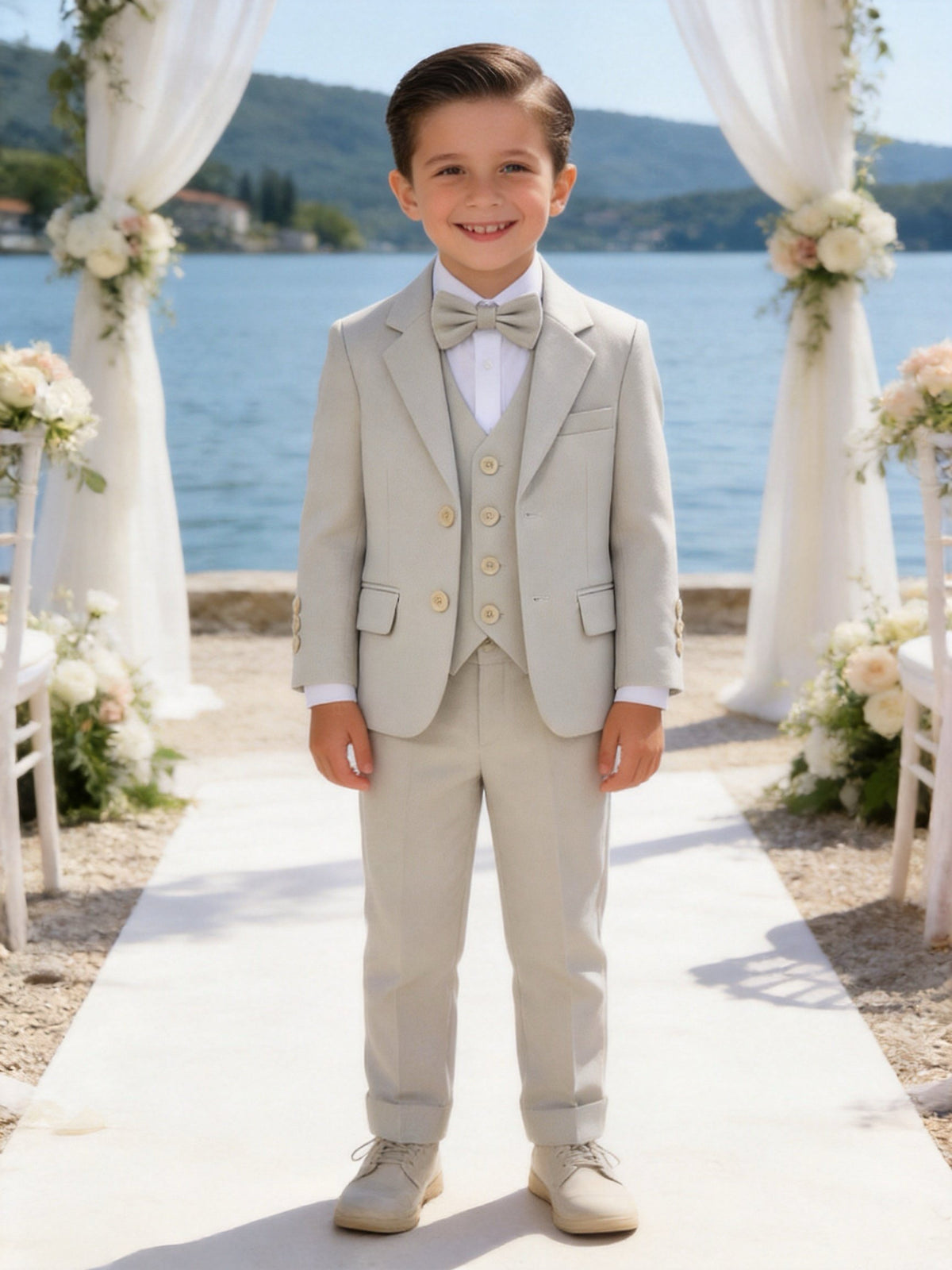 Completo Elegante Bambino Beige 5 Pezzi con Giacca Gilet Pantaloni Camicia e Papillony