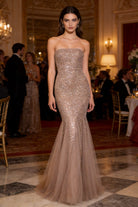Abito da Sera Champagne con Paillettes – Vestito Lungo Sirena Elegante Senza Spalline 517039
