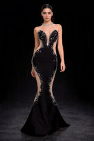 Abito da Sera Nero Sirena con Cristalli – Vestito Elegante Lusso da Gala 618001 Nero