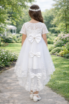 Abito Cerimonia Bambina Bianco in Pizzo e Tulle Comunione, Damigella, Festa 4-14 Anni 3637-TheOne