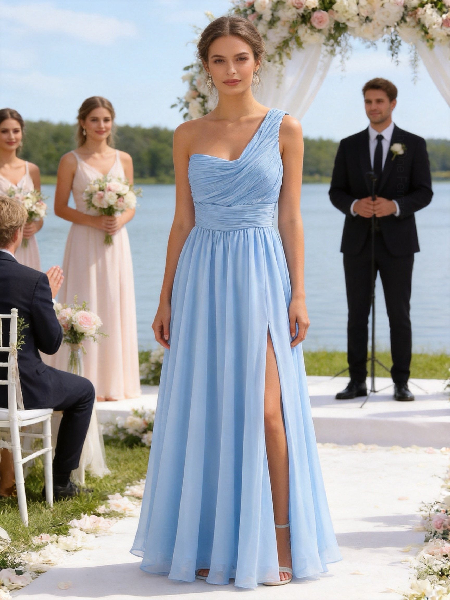 Abito Damigella Monospalla in Chiffon con Spacco Laterale