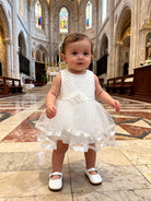 Abito da Battesimo Neonata Bianco 6–36 Mesi – Tulle a Strati con Bordo Satinato e Fiocco | Cerimonia Chiesa 21038