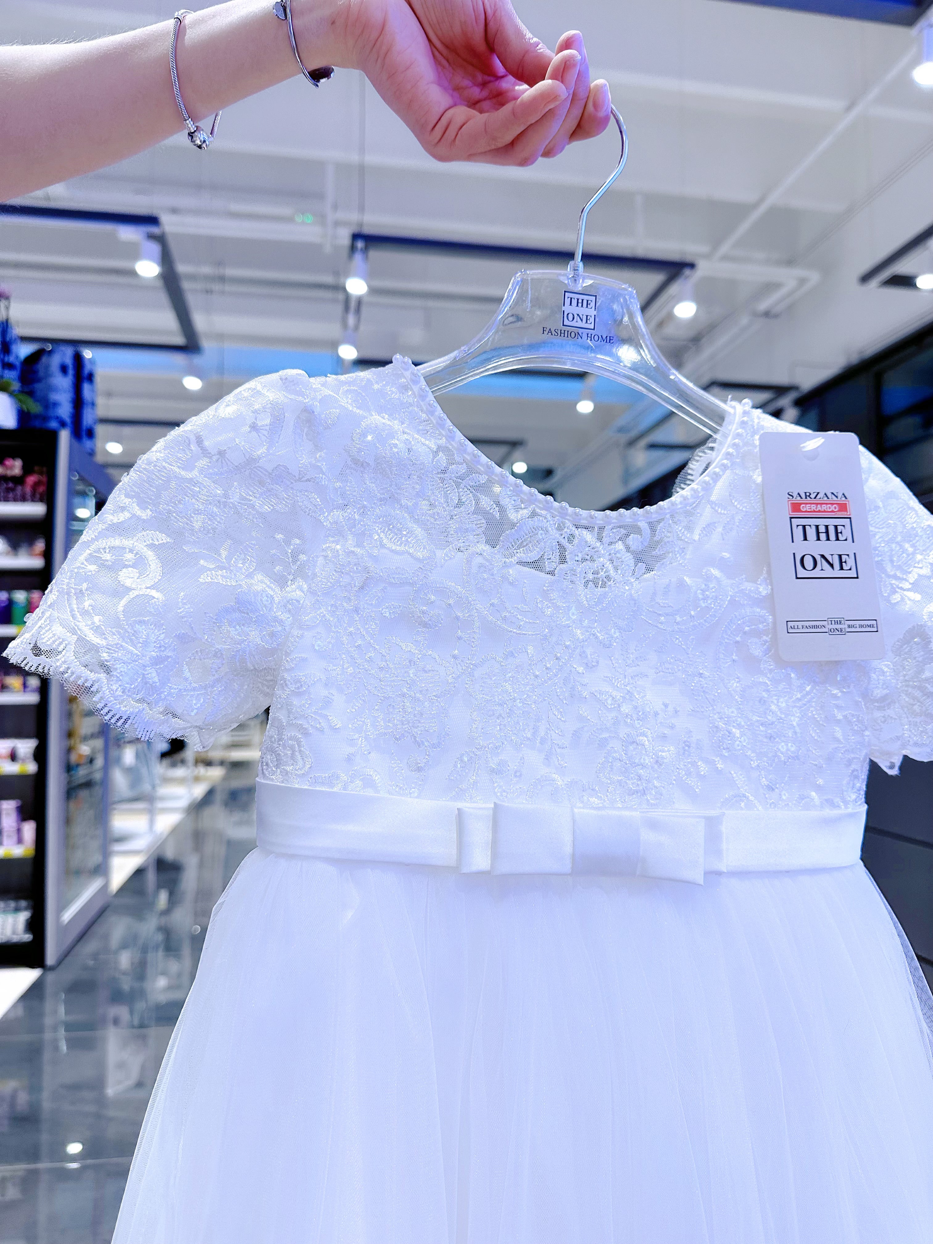 Abito Cerimonia Bambina Bianco in Pizzo e Tulle Comunione, Damigella, Festa 4-14 Anni 3637-TheOne