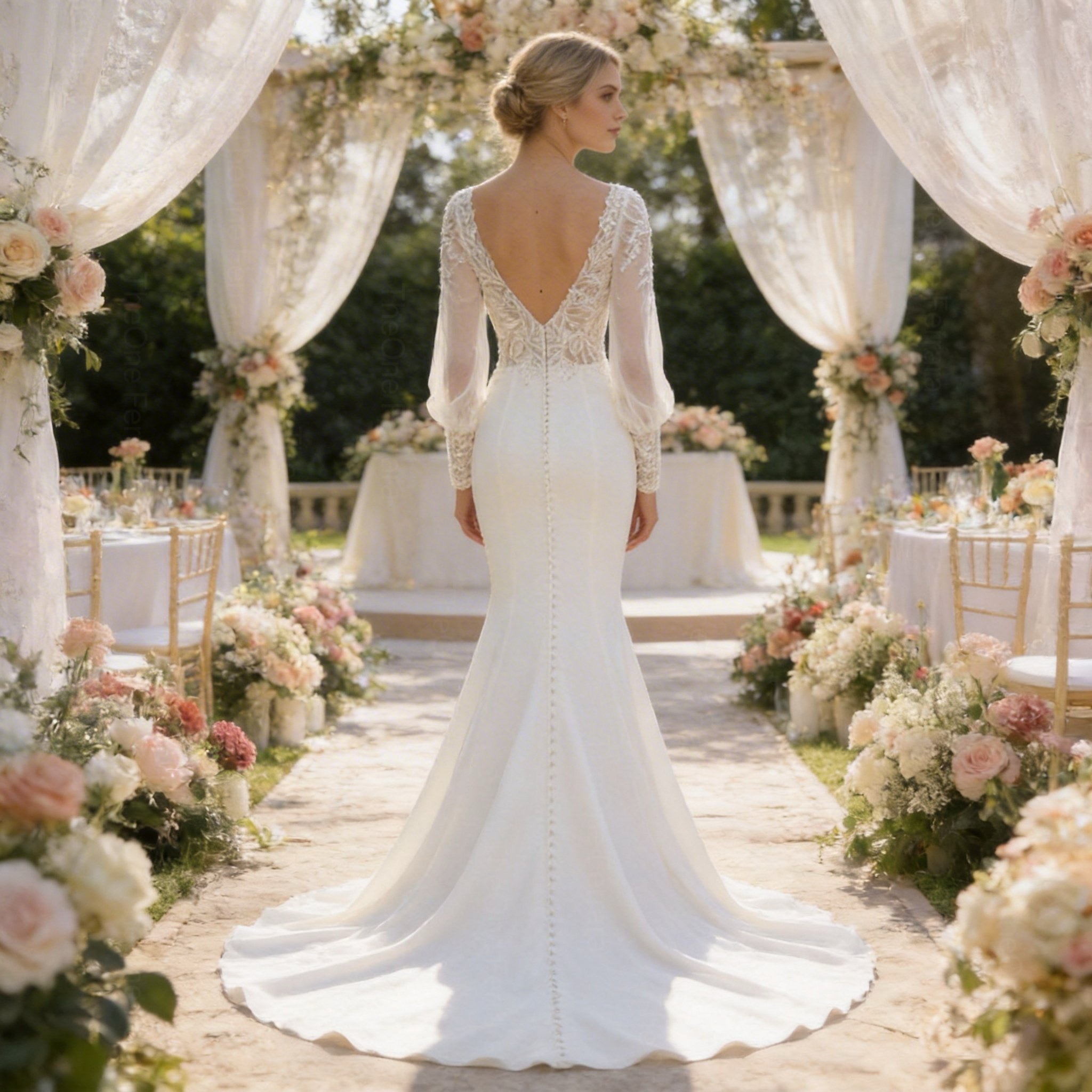 Abito da Sposa Sirena con Maniche Lunghe in Pizzo Ricamato – Scollo Profondo a V, Schiena Scoperta con Bottoni, Stile Boho Elegante 817053