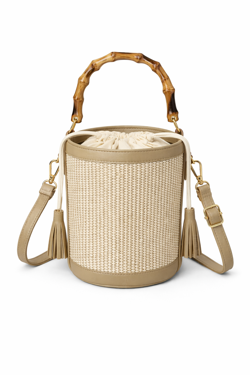 Borsa Secchiello Donna in Paglia con Manico Bamboo – Mini Borsa Estiva 18cm con Tracolla