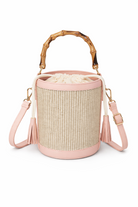 Borsa Secchiello Donna in Paglia con Manico Bamboo – Mini Borsa Estiva 18cm con Tracolla Rosa 15X15X18cm