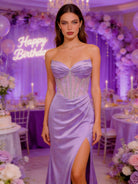 Abito da Sera Nero-viola con Corsetto e Spacco – Vestito Lungo Elegante Glitter 883039