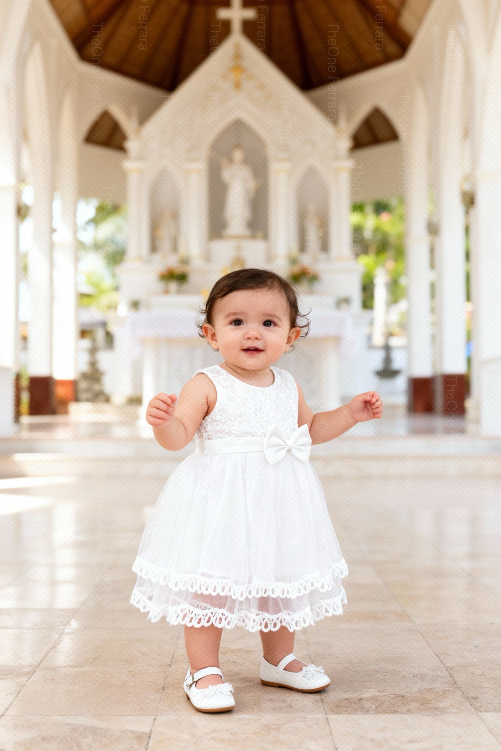Abito da Battesimo Neonata Bianco 6–36 Mesi – Pizzo Ricamato, Tulle a Strati con Maxi Fiocco Cerimonia Matrimonio 21056