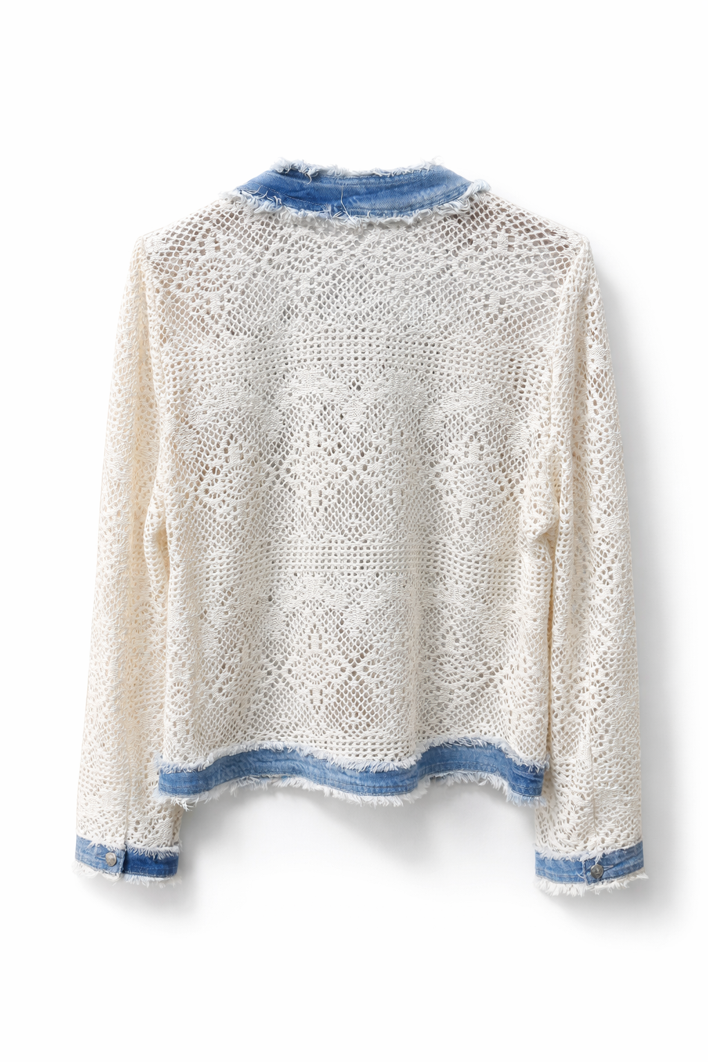 Giacca Donna in Crochet con Inserti Denim Leggera Estiva Aperta con Dettagli Floreali 5080