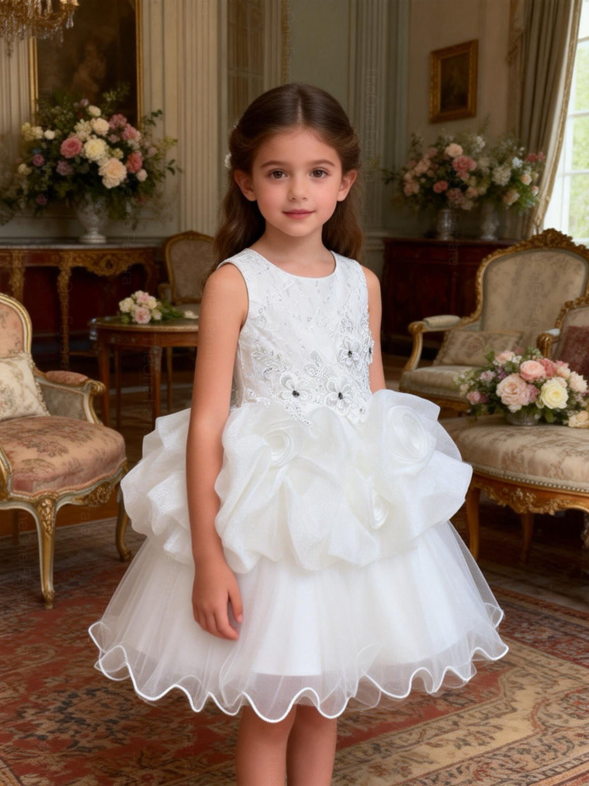Abito da Cerimonia Bambina Avorio con Pizzo 3D e Maxi Fiori in Organza – Gonna in Tulle 8519 Bianco