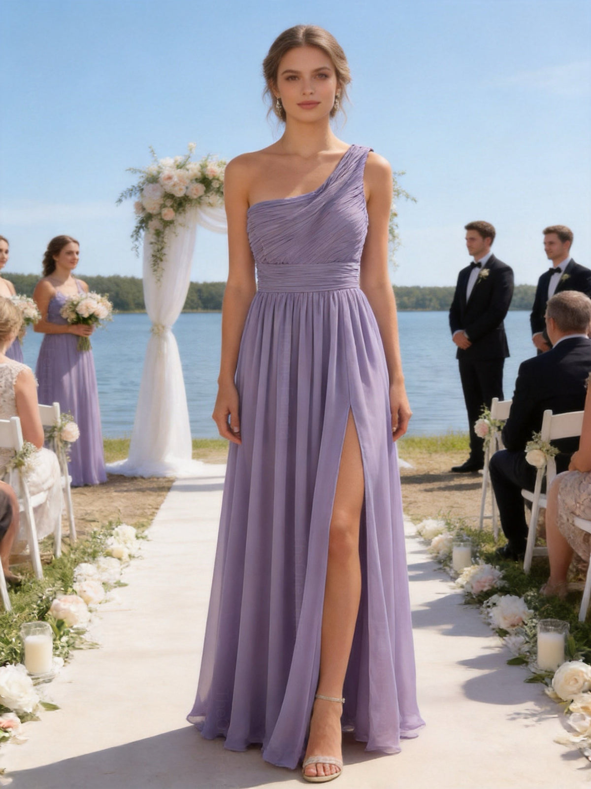 Abito Damigella Monospalla in Chiffon con Spacco Laterale