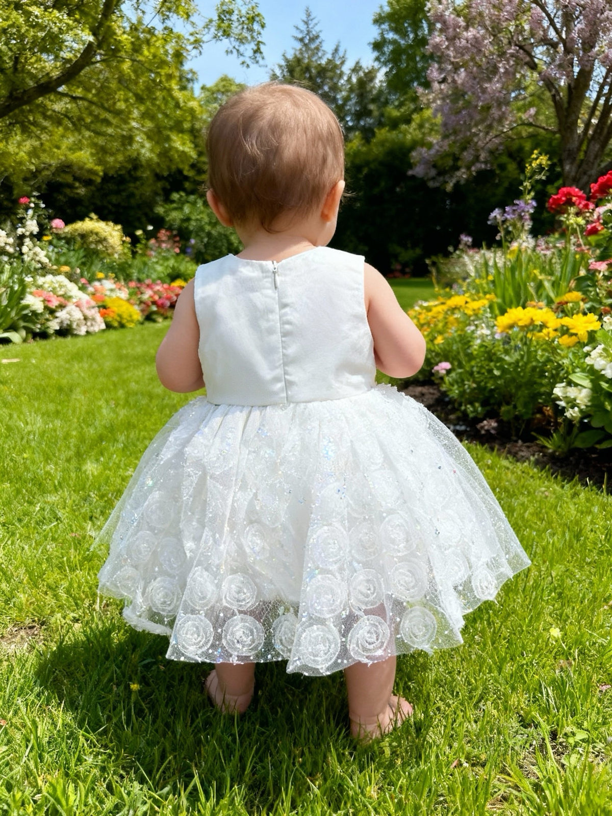 Abito da Battesimo Bambina Bianco 6M–12 Anni – Tulle con Rose 3D e Cintura di Perle | Cerimonia Compleanno 6678 678