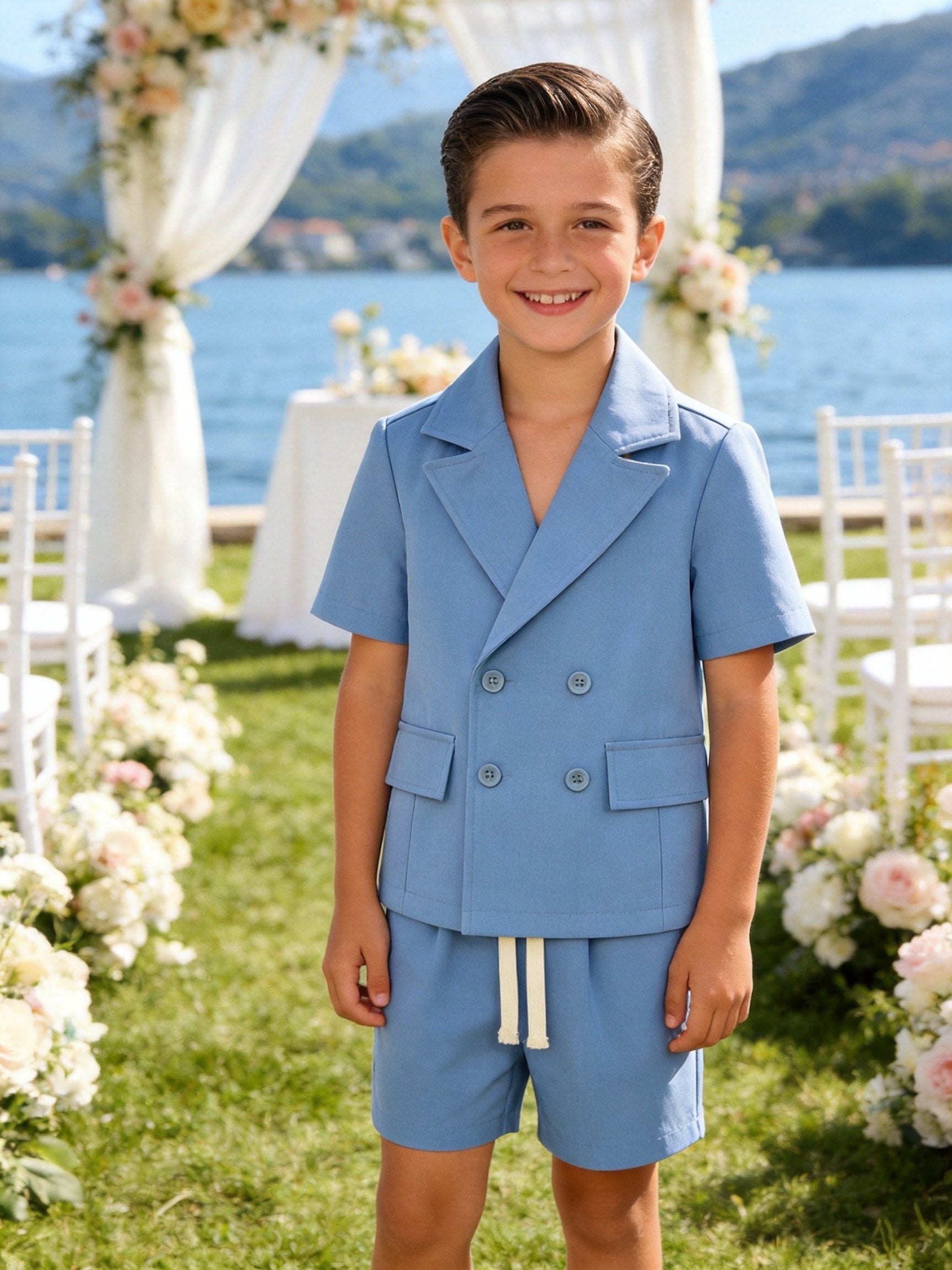 Completo Bambino Cerimonia 2 Pezzi con Giacca a Maniche Corte e Pantaloncini | 4-14 Anni