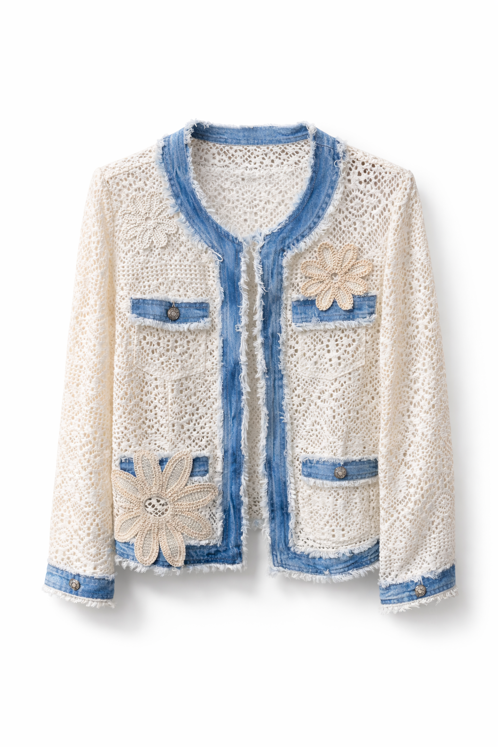 Giacca Donna in Crochet con Inserti Denim Leggera Estiva Aperta con Dettagli Floreali 5080 Bianco