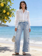 Jeans Donna Wide Leg con Ricamo Floreale e Strass – Denim con Inserti in Pizzo Vita Alta 919