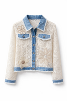 Giacca Donna Pizzo Crochet Traforato con Denim – Giubbino Boho Estivo Leggero con Ricami Floreali 5079 Bianco