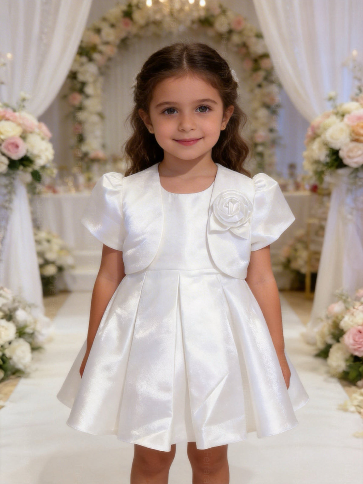 Abito Cerimonia Bambina con Bolero e Fiore – Vestito Elegante Rosa Cipria in Tessuto Strutturato Luminoso per Comunione, Matrimonio e Festa 1-6 anni