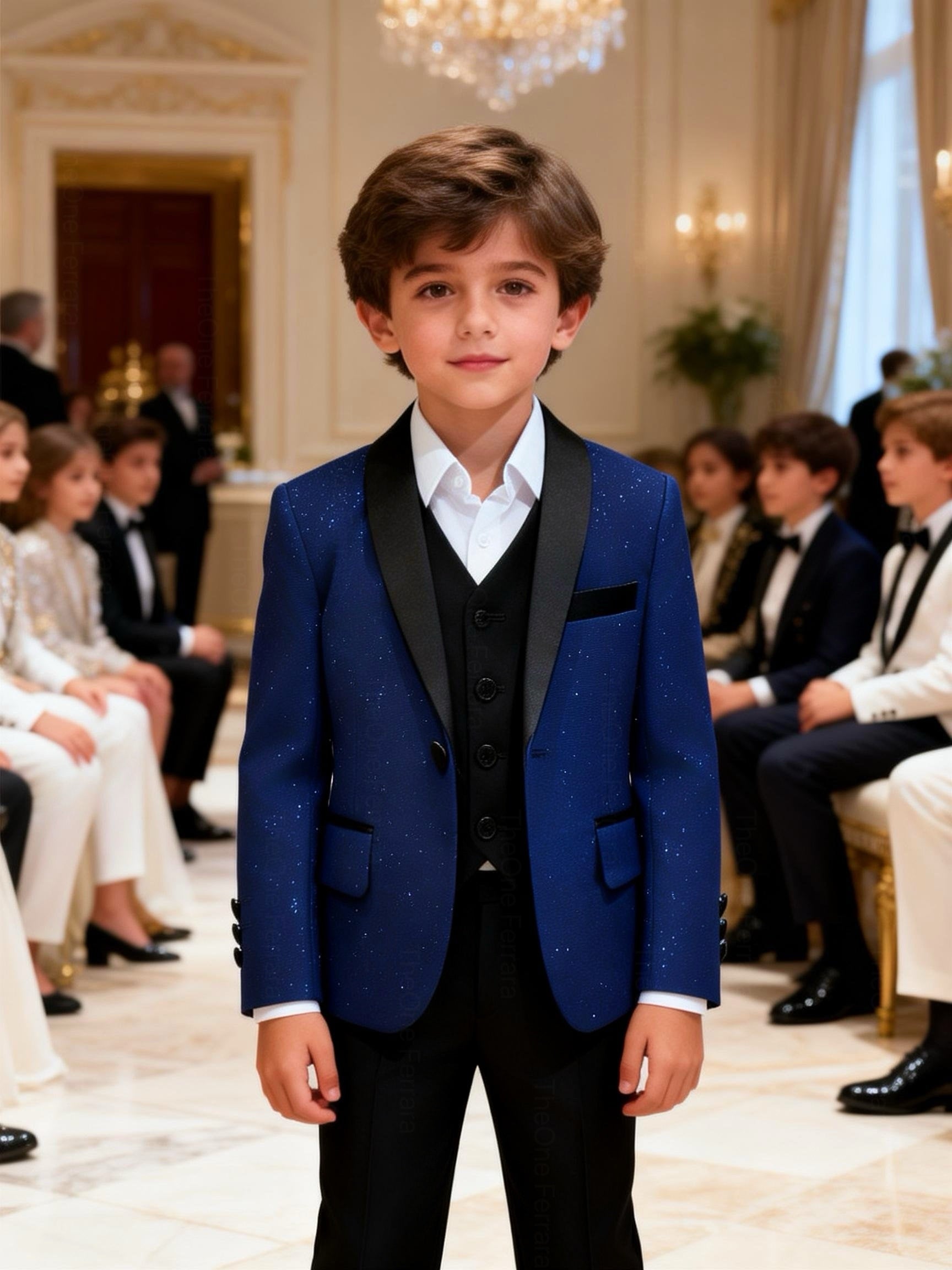 Completo Elegante Bambino Blu Notte Brillante 5 Pezzi Abito Cerimonia Matrimonio 1-14Anni