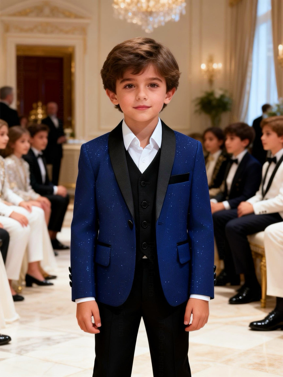 Completo Elegante Bambino Blu Notte Brillante 5 Pezzi Abito Cerimonia Matrimonio 1-14Anni
